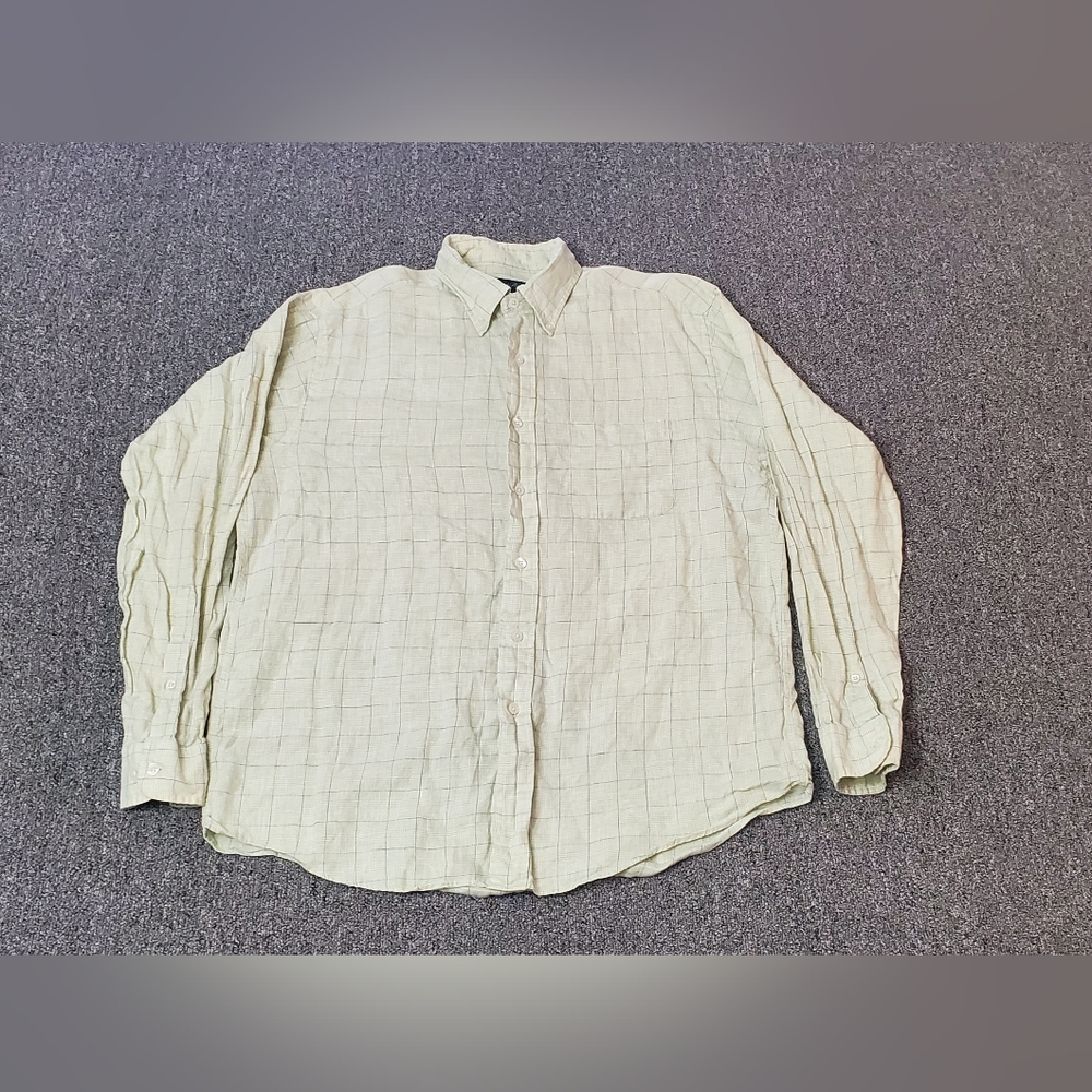 Brooks Brothers Mens Shirt Green Size Large Irish Linen Plaid Long Sleeve Dressy